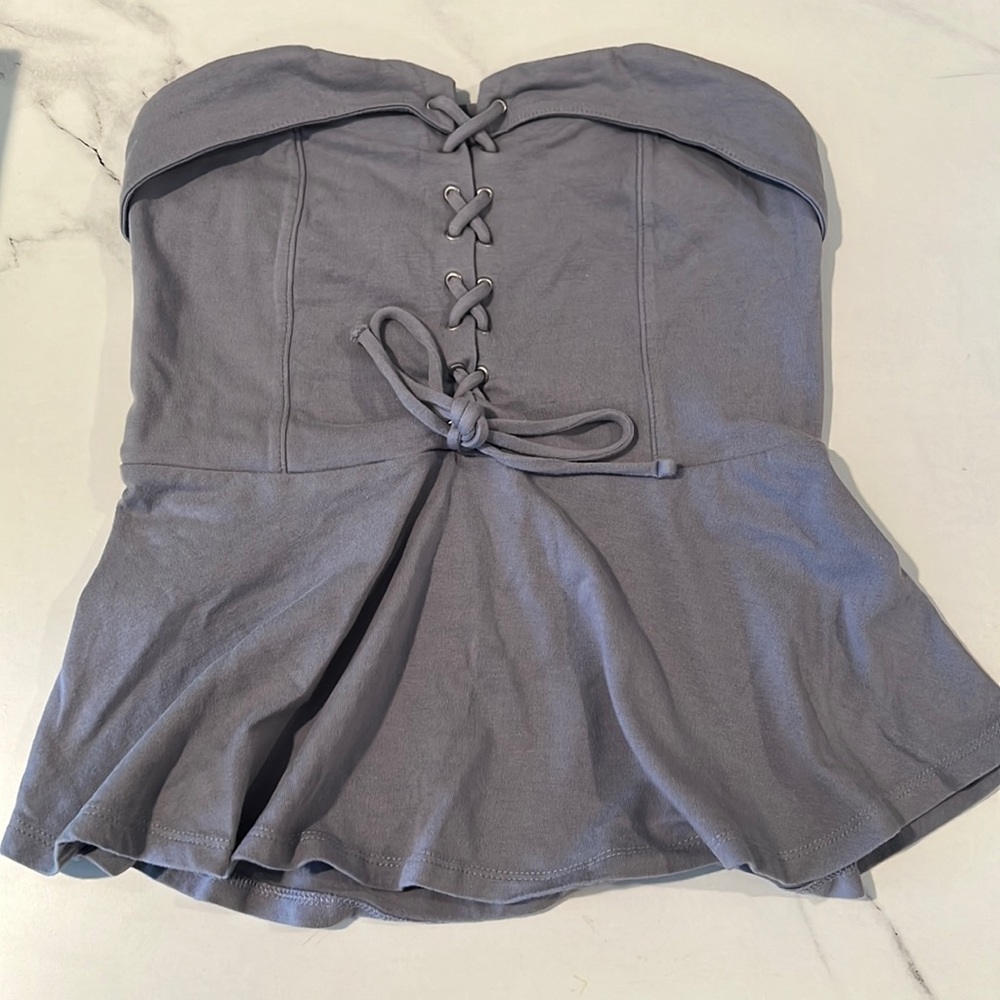 GREY BLUE KNIT STRAPLESS CORSET peplum TOP